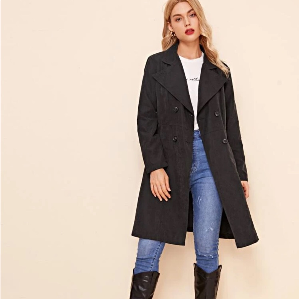 Classic black trenchcoat midi jacket fall preppy - Picture 3 of 5